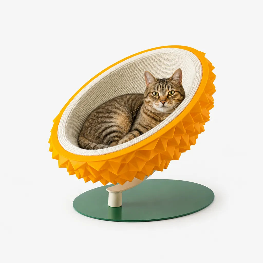 Durians Cat Nest oranje zijaanzicht — luxe kattenmand met geometrische rand en metalen voet | Pelveta