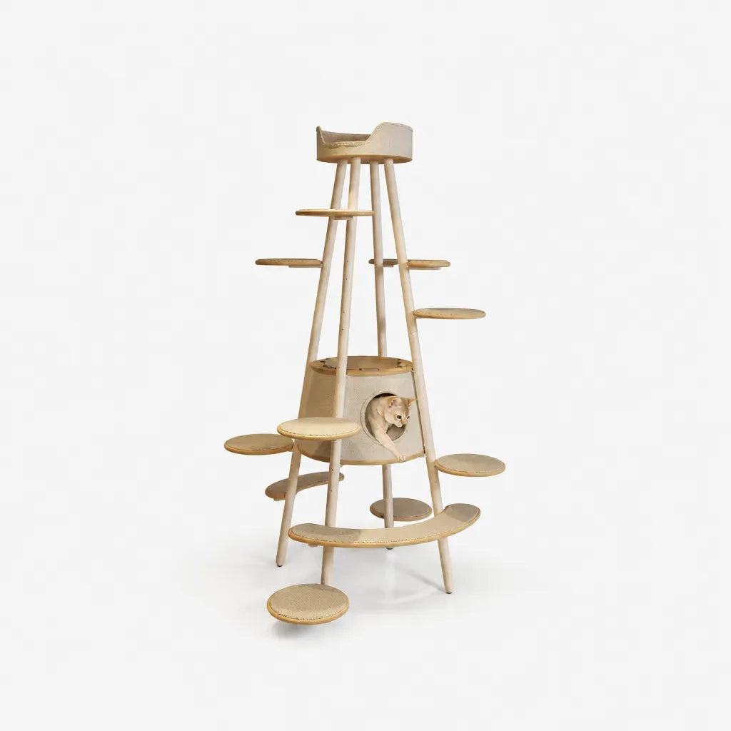 Design kattenboom in woonkamer — Jumping Cat Climbing Frame van hout en naturelle bekleding | Pelveta