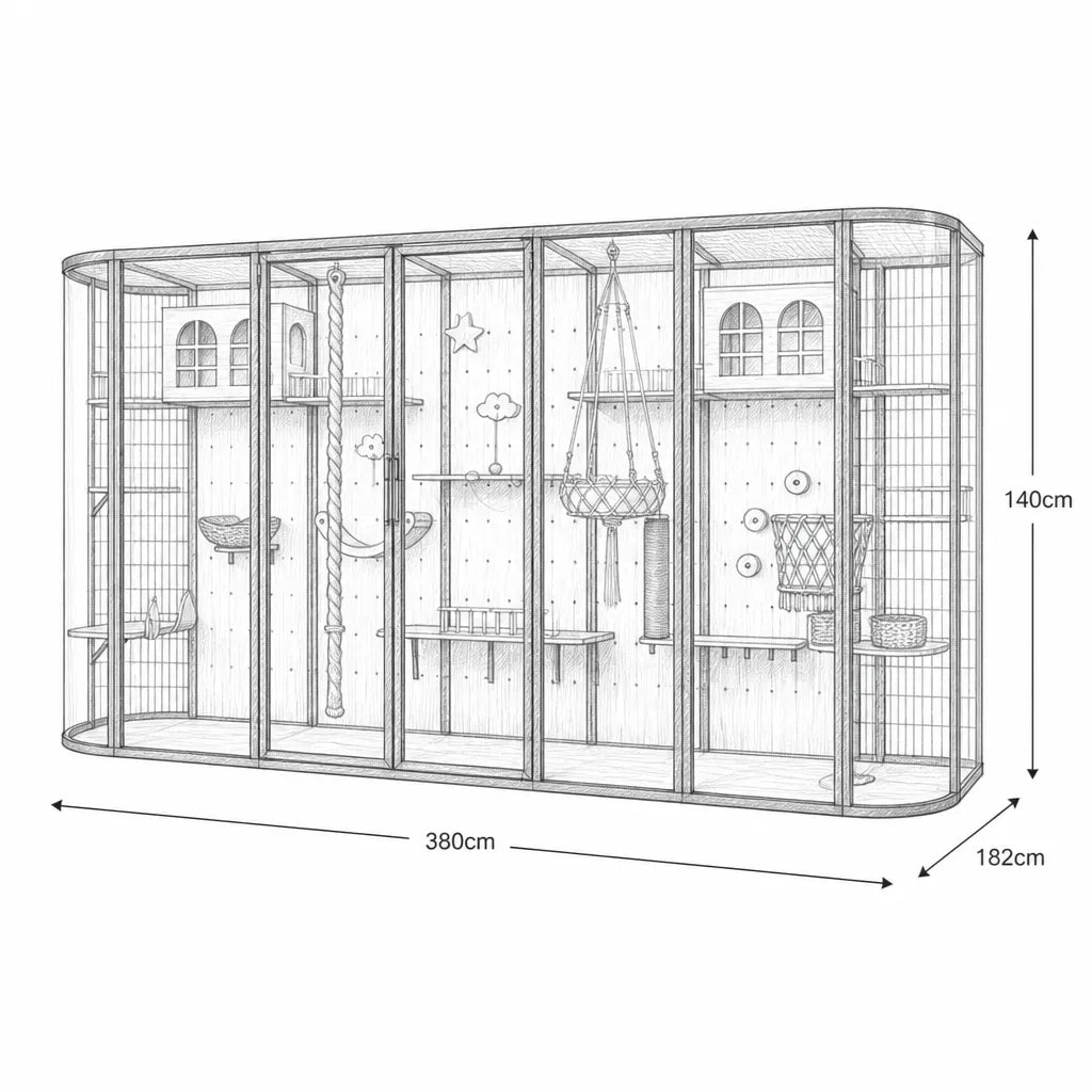 Mercury kattenvilla zwart – zijaanzicht met klimladder, ligplekken en houten wandpanelen