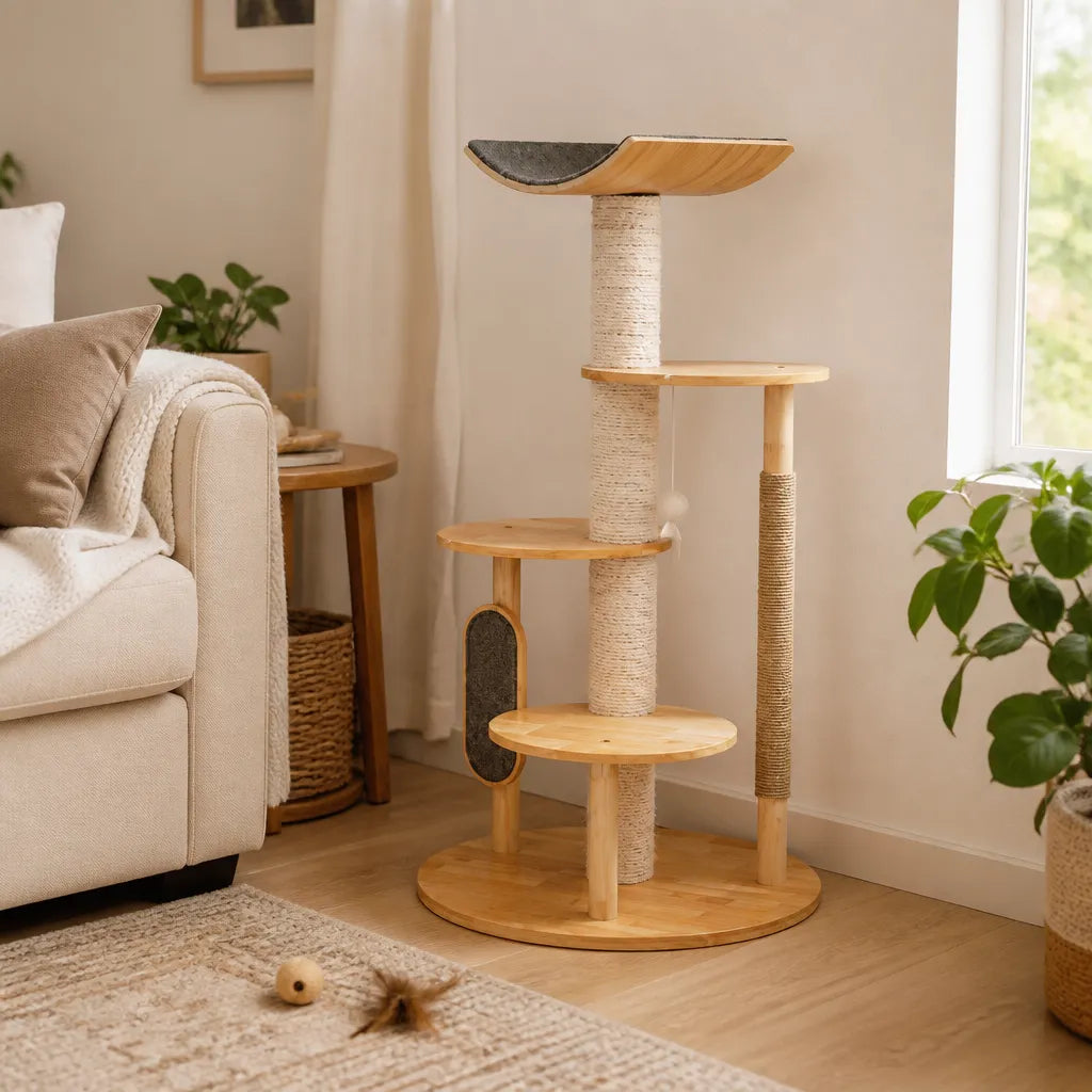 Forest krabpaal – sfeerbeeld in lichte woonkamer met houten krabpaal, sisalkrabpaal, vilten krabplank en speelbal aan veer